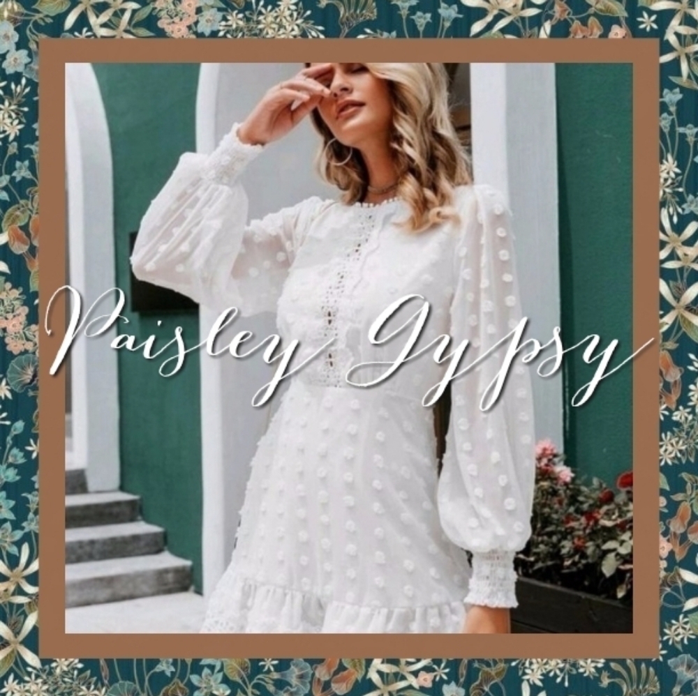 BOHO CONTRAST WAIST POLKA DOT WHITE SHIRRED FLARE DRESS